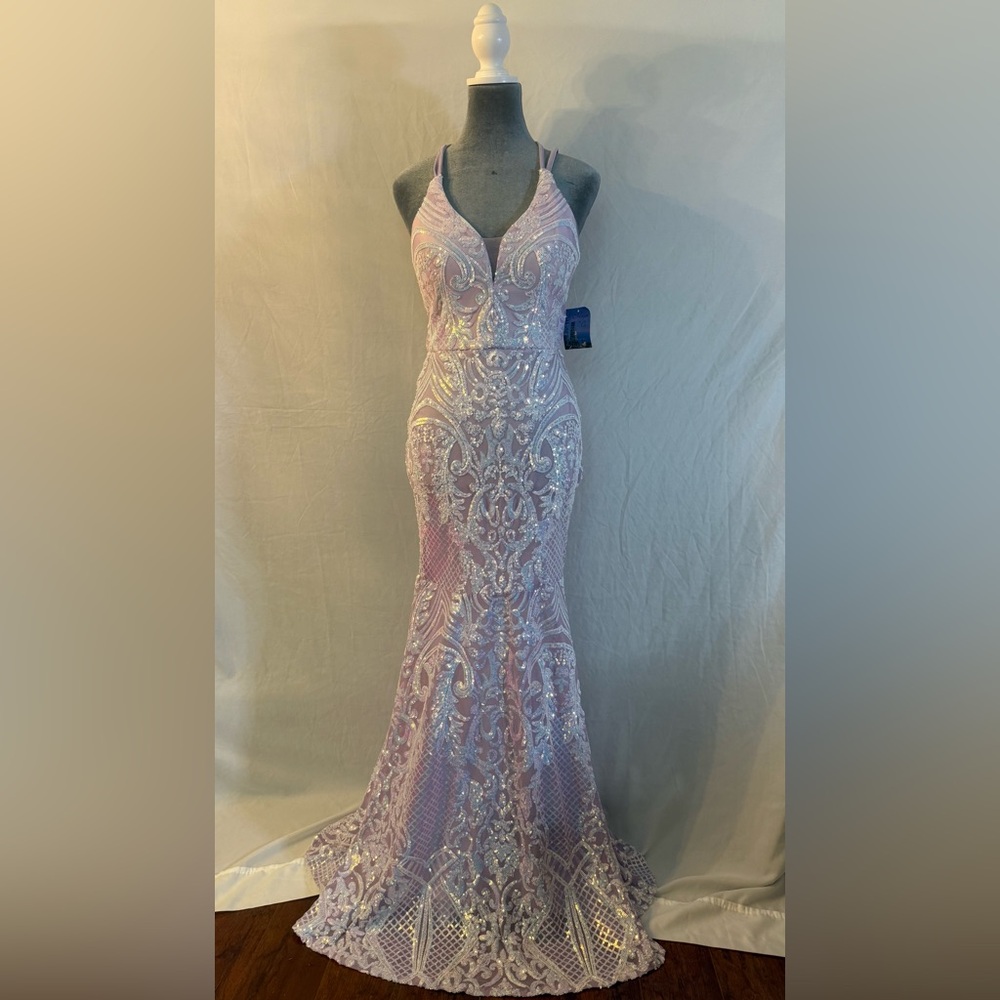Morgan & Co. Cream and Purple Sequin Sweetheart Prom Gown